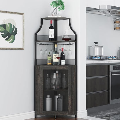 GAOMON Rustic Modern Corner Wine Cabinet, 5-Tiers Liquor Cabinet with Glass Holder, Industrial Bar Cabinet for Home, Dark Rustic Oak, 13.4"D x 18.5"W x 61"H