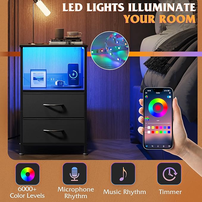 WLIVE Night Stand Set of 2 with Charger Station, Black Nightstand Sets with 2 Fabric Drawers and Storage Shelf, LED Bedside Table, Bedroom Small End Tables with 3 USB Ports and 2 AC Outlets