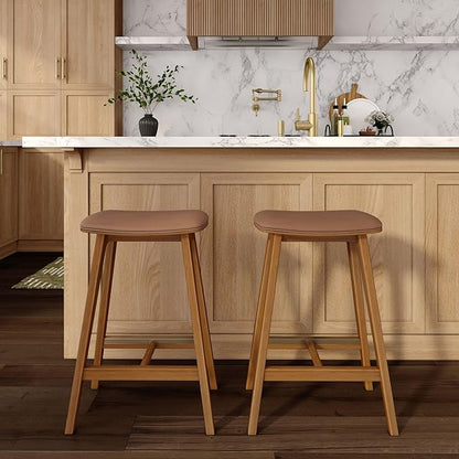 Plank+Beam Beryl Counter Height Stool - Mid-Century Modern Rubberwood Bar Stool with Faux Leather Seat, Metal Footrest, Easy Assembly, 4-Pack, Pecan/Toffee
