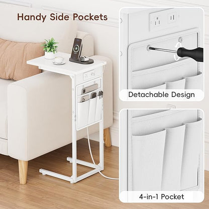 Vagusicc C Shaped End Table with Charging Station, Small Side Table for Couch, Couch Side Tables C Table, Slide Under Sofa Recliner Table TV Tray Arm Tables for Living Room, Bedroom, Bedside, White