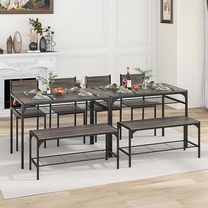 Giantex Dining Table Set for 4, Kitchen Table with Chairs & Bench, Storage Racks, Metal Frame, 4-Piece Space-Saving Dinette Set for Dining Room, Breakfast Nook, Small Space, Apartment, Grey