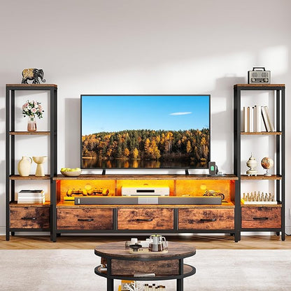 DWVO Entertainment Center with Bookshelves, LED TV Stand for 65/60 inch TV, Retro TV Stand for Living Room with 2 Industrial 4-Tier Bookshelves & Power Outlets,Rustic Brown