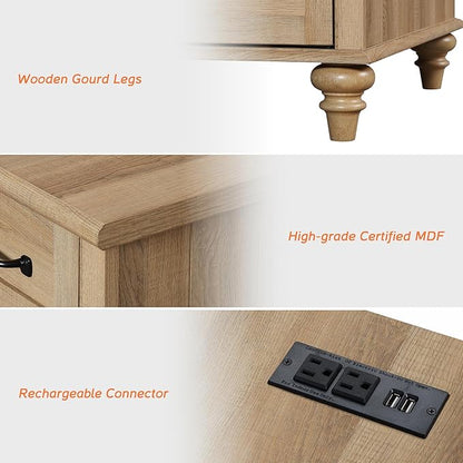 WAMPAT Set of 2 Oak Nightstands Side Tables with Charging Station, Farmhouse End Table with 2 Drawers & Shelf for Living Room, Light Wood Night Stand Bedside Table for Bedroom