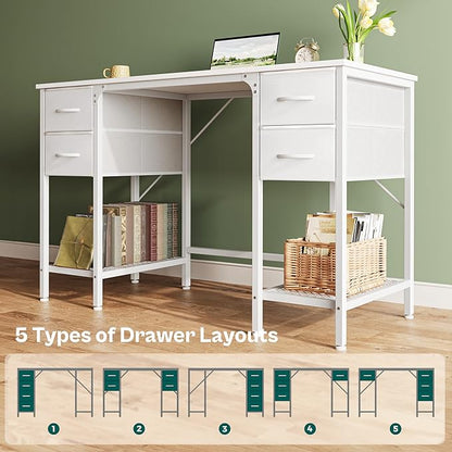Huuger 47 Inch White Desk with 4 Drawers, Vanity Desk with Mesh Shelf, Study Table with Large Storage, Computer Desk for Home Office, Bedroom, Work from Home