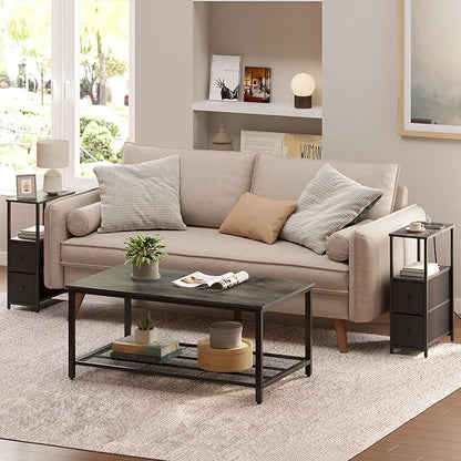TUTOTAK Small Narrow End Table with Charging Station, Set of 2, Side Table with Outlets, Nightstand with 2 Cloth Drawers, Couch Table, for Living Room, Bedroom, Bedside, Charcoal Grey TB01BY055