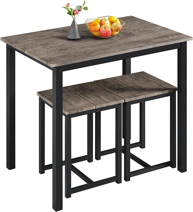Yaheetech 3 Piece Dining Table Set - Kitchen Table & Chair Sets for 2 - Compact Table w/ 2 Stools & Space Saving Design for Dining Room Living Room Apartment Pub, Drift Brown