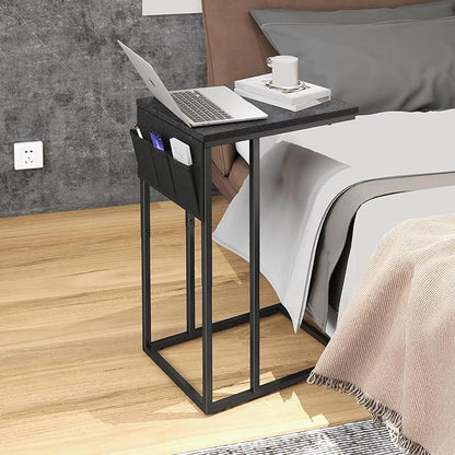 C Shaped End Table for Couch, Small Couch Side Table for Sofa, C Side Table with Storage Bag, TV Tray Table for Living Room, Bedside Table for Bedroom, Snack End Table for Couch, Black