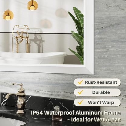 28x36 Inch White Bathroom Mirror for Wall, Thick Metal Framed Rectangle Mirrors for Over Sink, Bedroom, Living Room, Entryway, Anti-Rust, HD Tempered Glass
