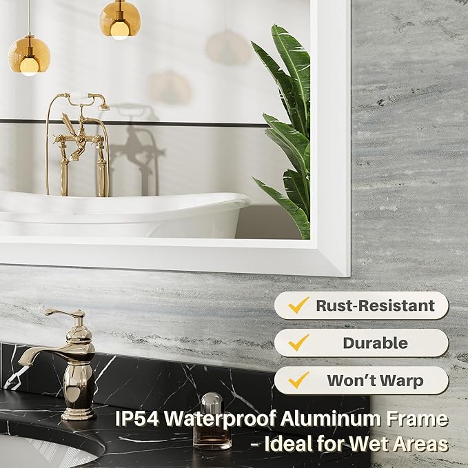 72x36 Inch White Bathroom Mirror for Wall, Thick Metal Framed Rectangle Mirrors for Over Sink, Bedroom, Living Room, Entryway, Anti-Rust, HD Tempered Glass