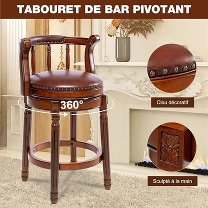 Cow top Leather Wooden Bar Stools, 360 Degree Swivel Bar Height Chair with Backs for Home Kitchen Counter, Morden Chair Barstools (Brown 1pc, Counter Height-Seat Height 26”)