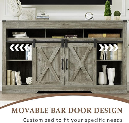 RoyalCraft Farmhouse TV Stand with Sliding Barn Door for TVs up to 65+ Inch, 34" Tall Entertainment Center, Wood Media Console Storage Cabinet for Bedroom, Living Room, Light Grey