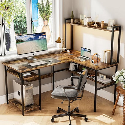 L Shaped Computer Desk with Hutch and Storage Shelves, Gaming Desk with LED Lights, Reversible L-Shaped Desk with Power Outlets, Home Office Desk, Corner Desk, Rustic Brown