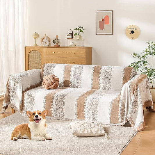 Boho Sofa Cover, Couch Covers for 3 Cushion Couch Sofa Pet Friendly, Sofa Cover Washable, Soft Chenille Living Room Couch Covers Slipcover, Pet Furniture Protecto(1# Khaki, 71" x 134")