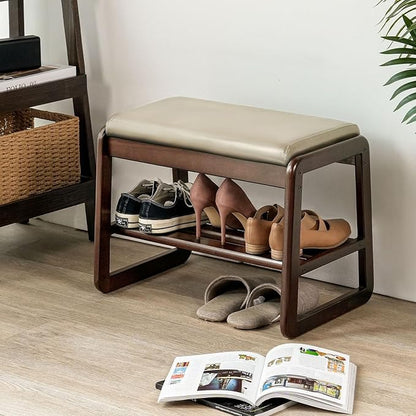 Shoe Bench, Entryway Bench with Leather Cushion, Solid Wood Shoe Rack, Mid Century Modern Bench, Shoe Storage, Shoe Organizer for Entryway (Grey, 21.7" W)