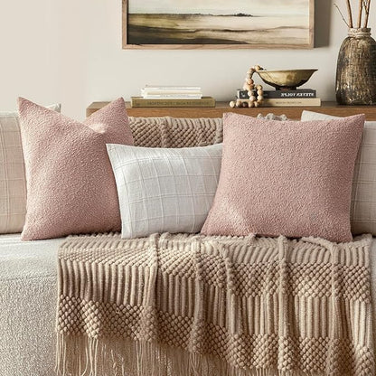 Foindtower Set of 2, Decorative Textured Boucle Throw Pillow Covers Accent Solid Pillow Cases Neutral Soft Cozy Couch Cushion Case for Chair Sofa Bedroom Living Room Home Decor 16 x 16 Inch Light Pink