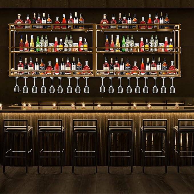 Metal Wine Rack Wall Mounted, Bar Shelves for Liquor Bottles with LED Light, 3 Tier Large Capacity Liquor Rack Wall Mounted with Glass Holder for Home Bar & Dining Room （Gold, 59in/150cm）
