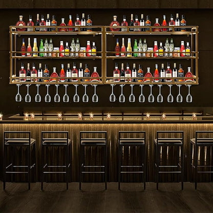 Metal Wine Rack Wall Mounted, Bar Shelves for Liquor Bottles with LED Light, 3 Tier Large Capacity Liquor Rack Wall Mounted with Glass Holder for Home Bar & Dining Room （Gold, 71in/180cm）