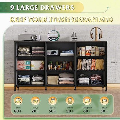 WLIVE 47''W Dresser for Bedroom, Black Dresser TV Stand for 45, 50, 55 inch TV, Wide Chest of Drawers with 9 Drawer, Large Entertainment Center, Fabric Dressers with Wood Top for Closet, Living Room