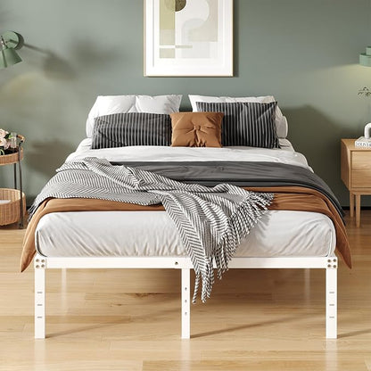 16 Inch White Queen Bed Frame No Box Spring Required, Metal Platform Queen Size Bed Frames with High Storage, Eassy Assembly 3,500 lbs Heavy Duty Bedframes