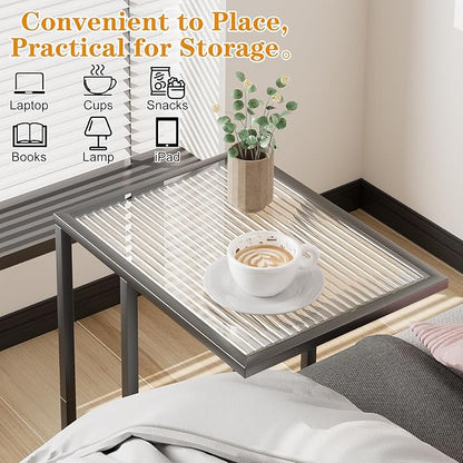 C Shaped End Table, Glass Couch Side Tables for Living Room, Small Modern Sofa Table with Metal Frame, TV Tray Table for Bedroom, Office, Small Space, Black