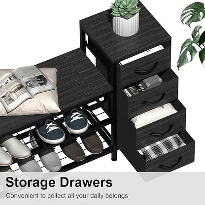 EXOTICA 3 Tier Entryway Bench Shoe Storage Bench with 4 Fabric Drawers Metal Frame and Wooden Board Shoe Rack Bench with Seat for Entryway Hallway Front Door Doorway
