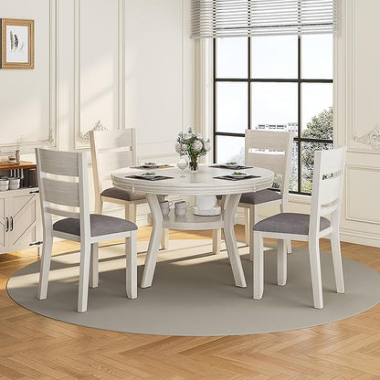5-Piece Solid Wood Dining Table Set for 4, Round Kitchen Table Set with 4 Upholstered Chairs, Farmhouse Dining Sets for Kitchen, Dining Room, Rustic Grey