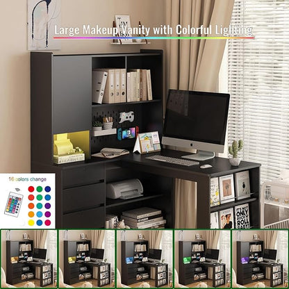 KEIKI L Shaped Home Office Desks with LED Light, Pegboard, Hutch, Drawers, Bookshelf & Storage Shelves, Modern Wooden Gaming Computer Corner Table for Work, Study, Writing