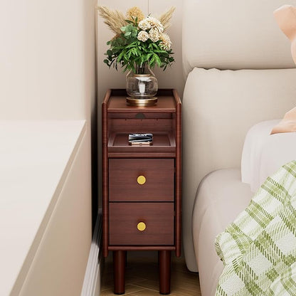 Huolewa Narrow Nightstand with 2 Drawers - Solid Wood Narrow Side Table with Open Shelf for Small Spaces, Couch, Bedroom, Living, Office - Small Bedside Table, End Tables (Walnut, 7.87 inch)