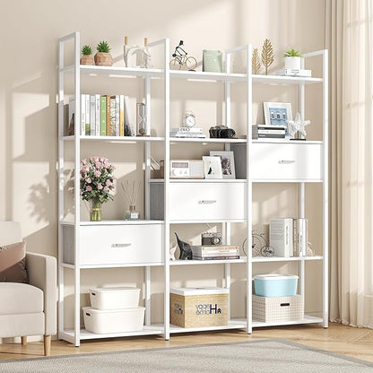 73.6" Tall Bookshelf with 3 Drawers and 16 Storage Shelves, Industrial Bookcase with 16 Open Display Shelves, Large Etagere Bookshelf, Triple Wide Book Shelf Book Case for Home & Office, White