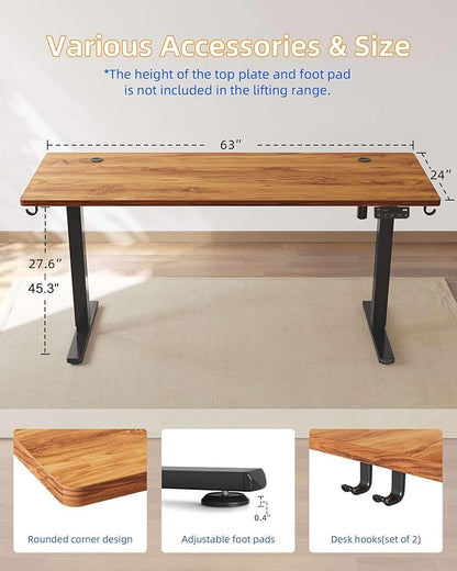 YIHAYO Electric Standing Desk, 63 x 24 Inches Stand Up Desk with Splice Board, Adjustable Height Desk, Computer Desk for Home Office, Black Frame/Rustic Brown Top