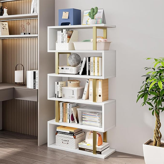 SORCEDAS Bookshelf Geometric Bookcase S Shaped Industrial Bookshelf Storage Display Stand Shelf for Living Room Bedroom and Office Room (White, 5 Tier)