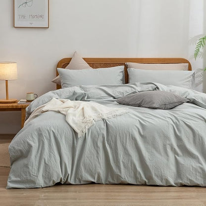 BESTOUCH Duvet Cover Set 100% Washed Cotton Linen Feel Super Soft Comfortable Chic Lightweight 3 PCs Home Bedding Set Solid Northern Droplet Grey Queen