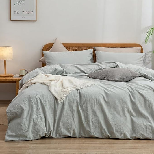 BESTOUCH Duvet Cover Set 100% Washed Cotton Linen Feel Super Soft Comfortable Chic Lightweight 3 PCs Home Bedding Set Solid Northern Droplet Grey Oversized Queen