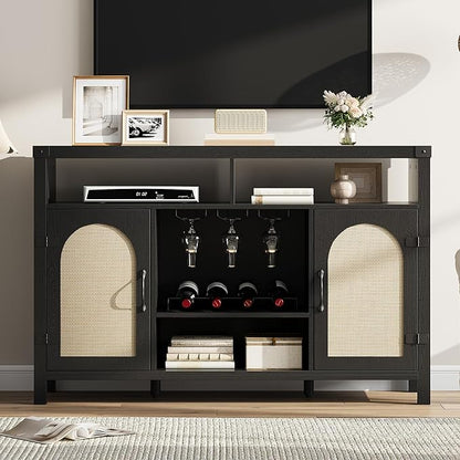 IDEALHOUSE Rattan Buffet Cabinet with Storage, Rattan Wine Bar Cabinet, Sideboard with Glass Holder, Adjustable Shelves, Coffee Bar Cabinet for Living Room Dining Room Hallway, Black