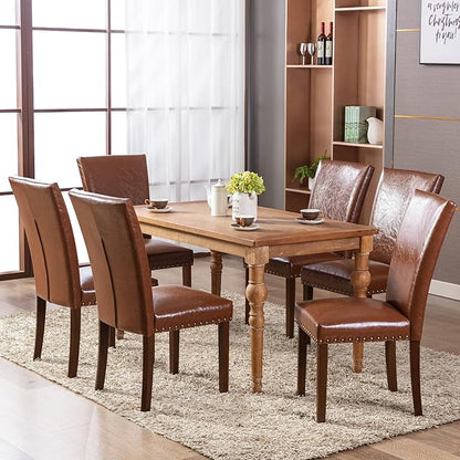 COLAMY Upholstered Parsons Dining Chairs Set of 4, PU Leather Dining Room Kitchen Side Chair with Nailhead Trim and Wood Legs - Light Brown