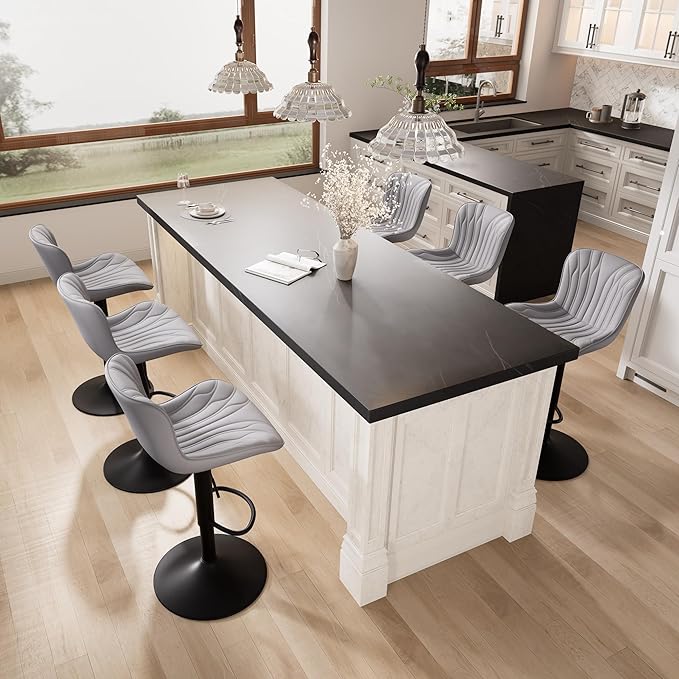 YOUNIKE Single Grey Bar Stools Modern Swivel Counter Height Bar Chair with Back Adjustable Kitchen Island Faux Leather Padded Barstools taburetes de bar Breakfast sillas para barra de cocina 1PCS