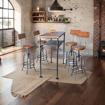 LOKKHAN Industrial Bar Stool-Adjustable Swivel Round Wood Metal Kitchen Stool-26-32.3 Inch-Rustic Farmhouse-Counter Height Extra Tall Bar Height Stool-Arc-Shaped Backrest,Welded,Set of 2