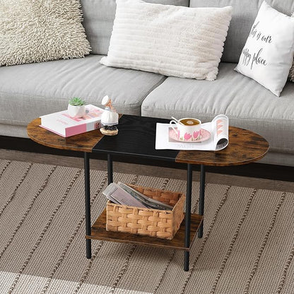 OYEAL Small Round Coffee Table for Living Room Farmhouse Oval Center Table Circular Coffee Table with 2-Layer Storage and Opening Shelf for Display,Small Space,Home Office,Black & Brown