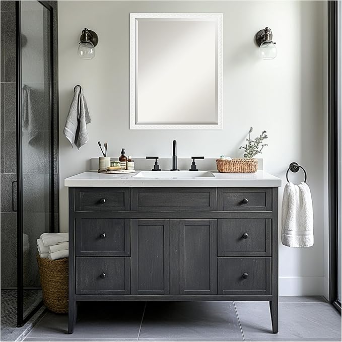 Amanti Art White Bathroom Mirror for Over Sink, 24x30 Bethany White Rectangle Vanity Mirror, Large Traditional Wood Frame, Hangs Horizonally and Vertically, Bathroom Wall Decor, Beveled Edge