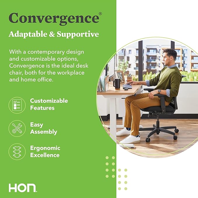 HON Convergence Ergonomic Office Chair, Breathable Back Support Mesh, Adjustable Arms, Computer Chair with Lumbar Support, Rolling Swivel Wheels, Comfortable Synchro-Tilt Recline, Fabric, Indigo