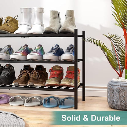 3-Tier Long Black Shoe Rack, Bamboo Wood Shoe Rack for Closet, Entryway & Hallway, Stackable | Functional | Sturdy