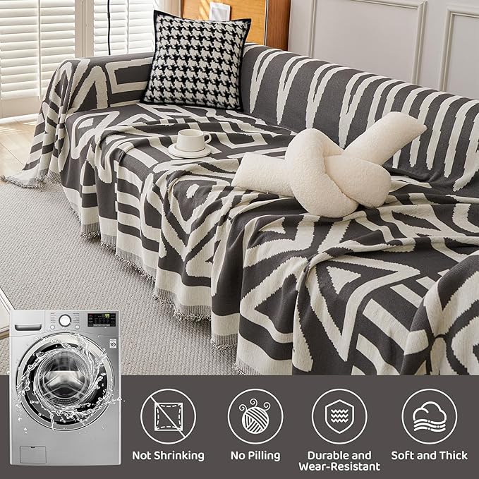 STACYPIK Boho Dark Grey Couch Cover, Soft Reversible Chenille Sofa Cover for Dog, Anti-Slip Pet Protector for 3 Cushion Couch, Washable Loveseat Couch Cover for Sectional, Decorative Blanket-71X134IN