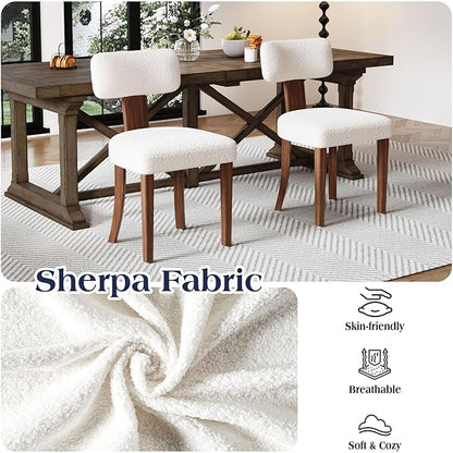 Mid-Century Dining Chair Set of 4, Upholstered Sherpa Seats with Ergonomic Curved Back and Adjustable Legs for Dining Room, Bedroom, Kitchen, White Sherpa