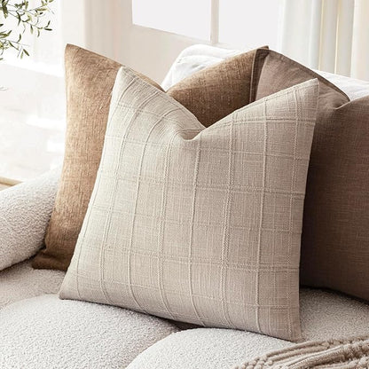 Foindtower Set of 2 Decorative Linen Check Throw Pillow Covers Neutral Farmhouse Vintage Cushion Covers Modern Boho Home Decor For Sofa Chair Couch Bedroom Living Room Outdoor,22×22 Inch,Natural Linen