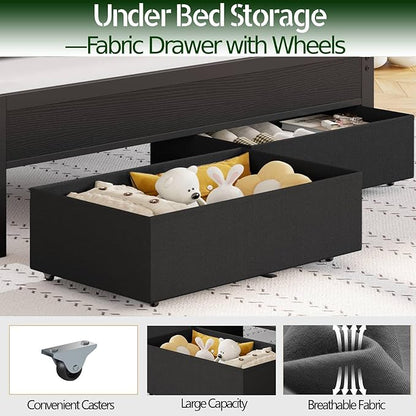 Furnulem Queen Bed Frame with Charging Station and LED Lights, Grey Upholstered Headboard with Shelves, Metal Platform Bed with 2 Under-Bed Storage (Fabric Drawer on Wheels), No Box Spring Needed