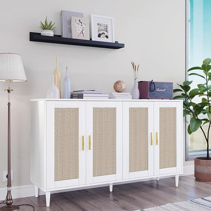 Buffet Sideboard,Kitchen Storage Cabinet with 4 Rattan Decorated Doors,Coffee Bar Cabinet with Adjustable Shelves for Living Room,Hallway,White