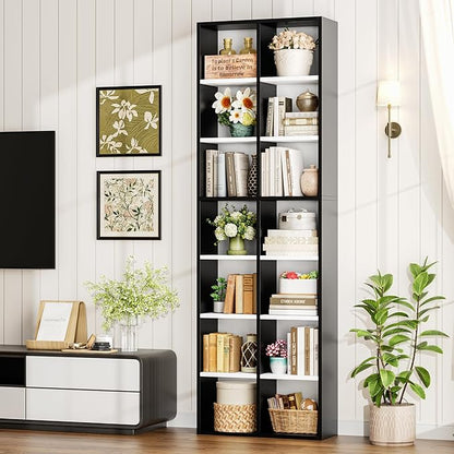 FOTOSOK 71'' Tall Bookshelf, Double Wide Media Tower Rack CD DVD Rack Display Cabinet with Adjustable Shelves, Tall Narrow Bookcase Bookshelf for Home Office, White/Black