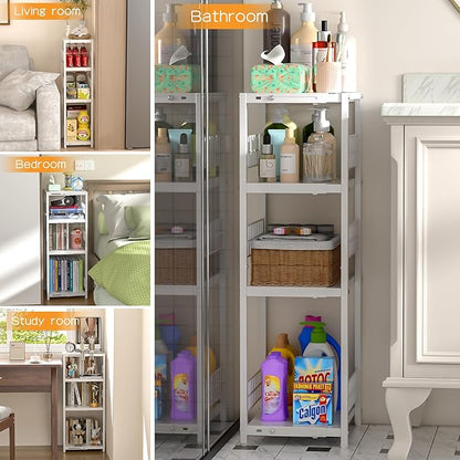 4 Tier Expandable Slim Storage Shelf, Metal Shelving Unit for Bathroom Storage Organizer, Freestanding Narrow Shelf for Small Spaces, Open Floor Shelves for Bathroom, Laundry Room, Kitchen,White