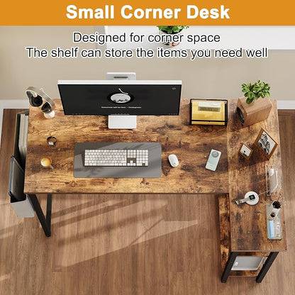 L Shaped Computer Desk with Reversible Shelves, 47 Inch Small Corner Desk with Storage Bag, Gaming Desk Computer Table Study Writing Desk for Home Office Small Space, Rustic Brown