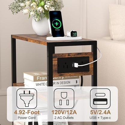 Small Narrow Side Table with Charging Station, Skinny End Table for Small Spaces, Slim Nightstand with Outlets, Sofa Bedside Table in Living Room, Bedroom, Study, Kitchen and Balcony (Rustic Brown)